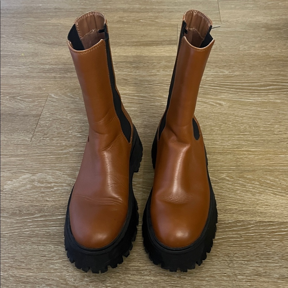 Zara Leather Lug Sole Chunky Ankle Chelsea Combat Boots Cognac Brown Black 37 - Picture 5 of 13